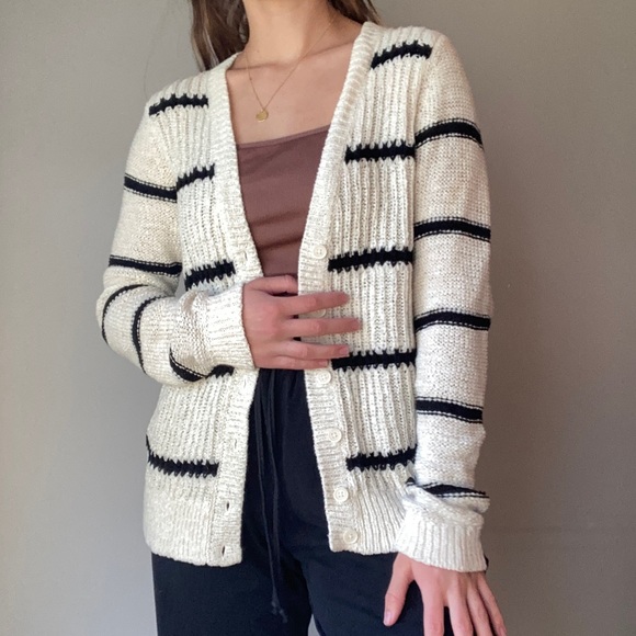 LOFT Sweaters - White + Black Striped Cardigan Sweater